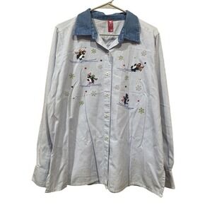 Vintage Womens‎ L/G Skiing Penguin Embroidered Button Down Stipped shirt
